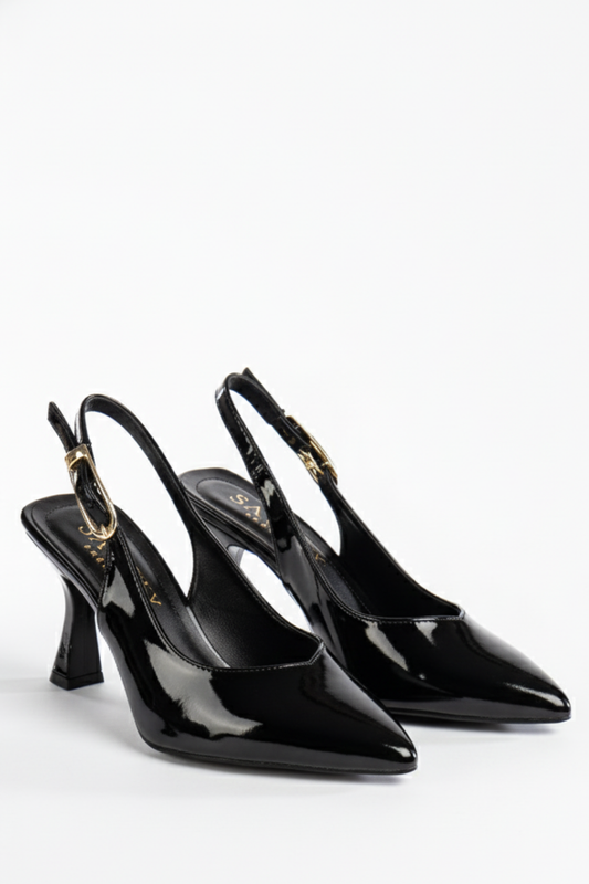 BRIELFY – Siyah Parlak Vernik Slingback İnce Burun Topuklu Ayakkabı – 9 cm